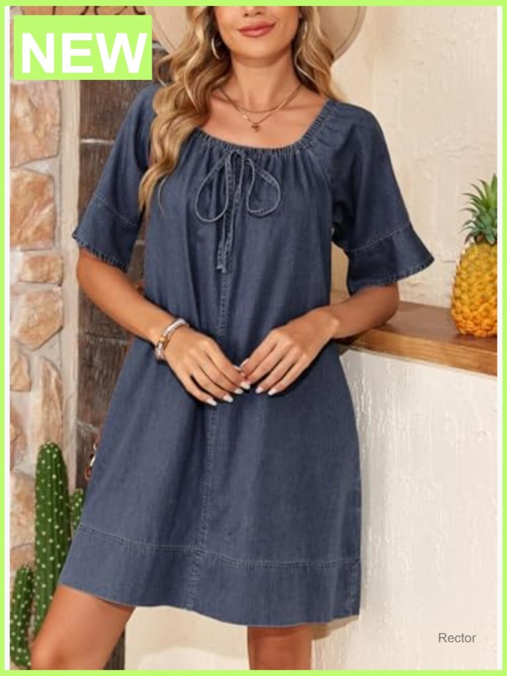 Lightweight Flowy Denim Dress Square Neck Short Sleeve Tie Knot Front - Picture 5 of 7